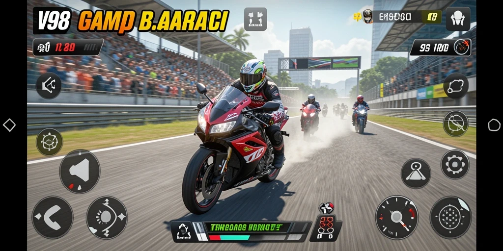 Screenshot V98 menampilkan aksi balap motor yang mendebarkan di trek kota.